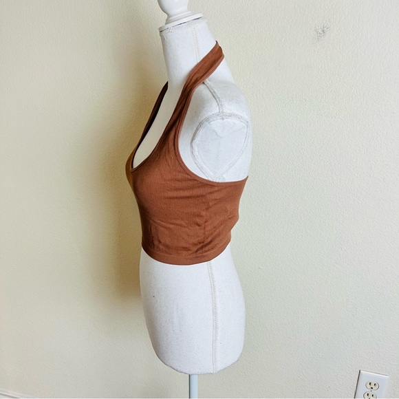 Fashion Nova Mocha Brown Ribbed Halter V-Neck Crop Tank Top - Picture 2 of 3